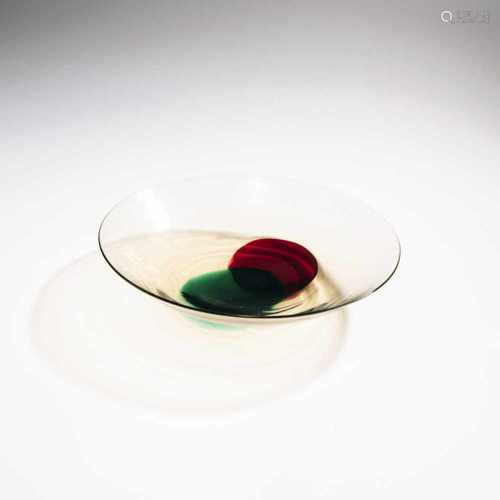 Venini & C., Plate, 1960sPlate, 1960sø 25.8 cm. Straw yellow glass with spots of red and green.