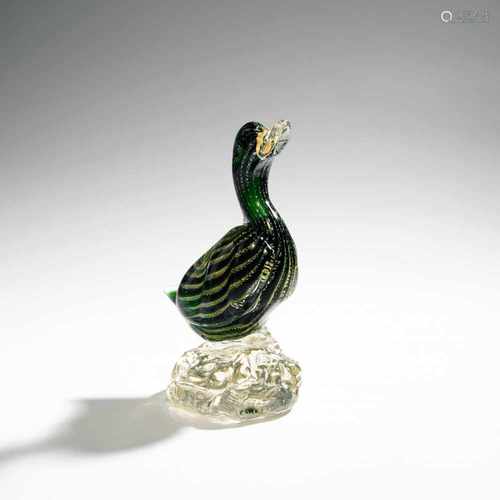 Murano, Duck, 1950sDuck, 1950sH. 15 cm. Cased glass, clear and green, with melted gold foil.