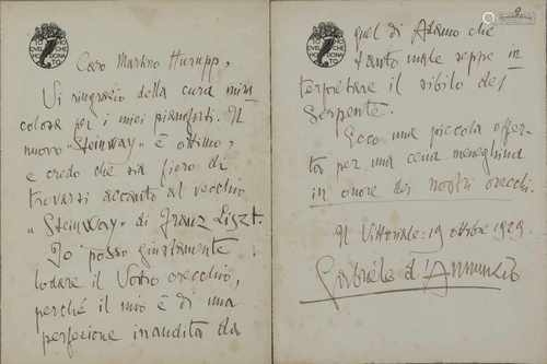 Gabriele d'Annunzio (Pescara 1863 - 1938 Gardone, Riviera), Autograph, Two-sided letter to Martino