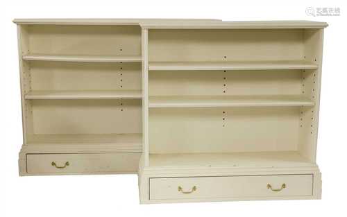 Two modern white painted open bookcases,