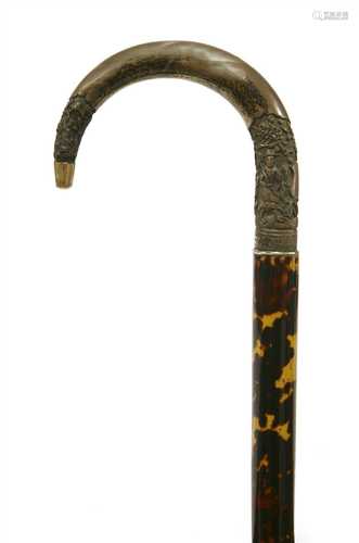 A Chinese silver and tortoiseshell walking stick,