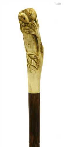 A Japanese antler/bone and partridgewood walking stick,