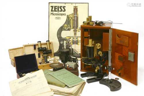 A cased brass and lacquered 'Jena' microscope,