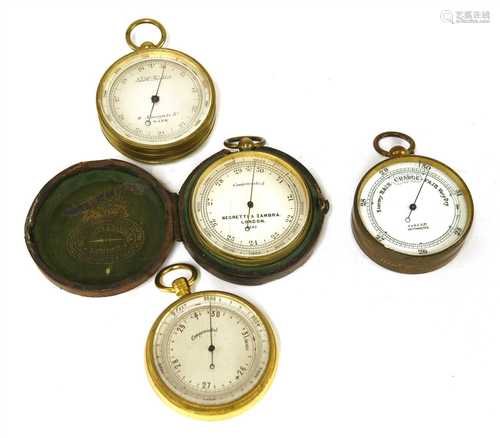 Four brass-cased pocket barometers,