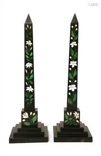 A pair of slate, malachite and hardstone inlaid obelisks,