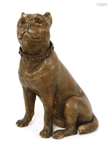 A terracotta model of a seated bulldog,