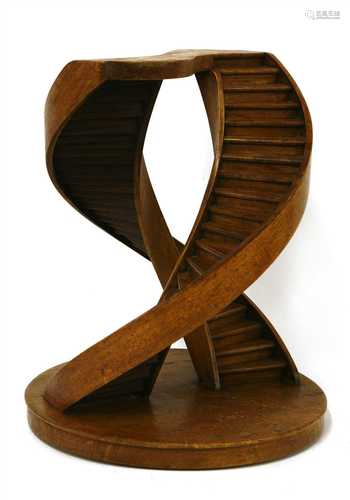 A beech architectural model of a double spiral staircase,