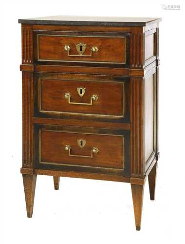 A French mahogany narrow chest of drawers,