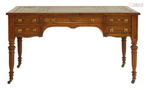 A Victorian oak, pollard oak and satinwood crossbanded writing desk,