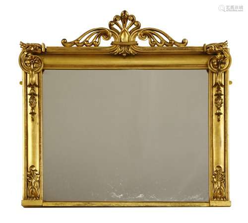 A large giltwood overmantel mirror,