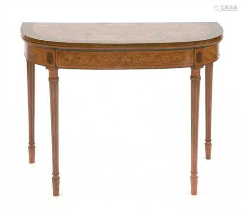 A George III satinwood, rosewood crossbanded and harewood inlaid demilune card table,