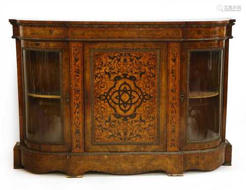 A Victorian walnut, satinwood and rosewood crossbanded and inlaid breakfront credenza,