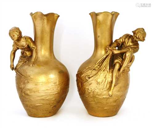 A pair of gilt metal baluster vases,