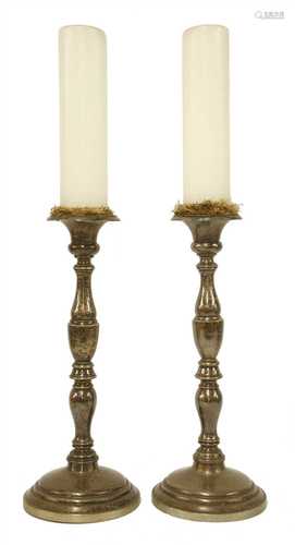 A pair of French pewter silver-plated pricket candlesticks,