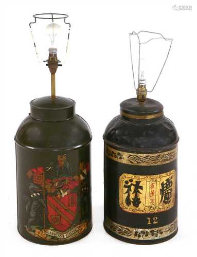 Two painted tin tea canister table lamps