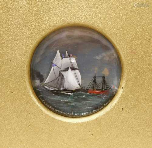 A reverse painted glass roundel depicting the schooner 'Cambria',