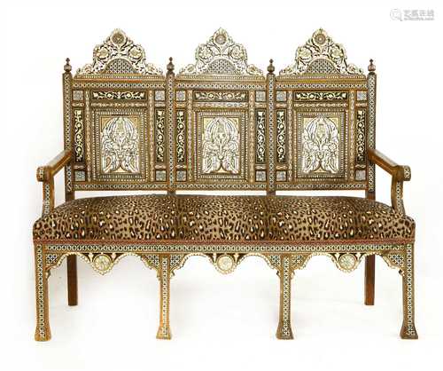 A Middle Eastern hardwood, mother-of-pearl, ivory and abalone inlaid settee,