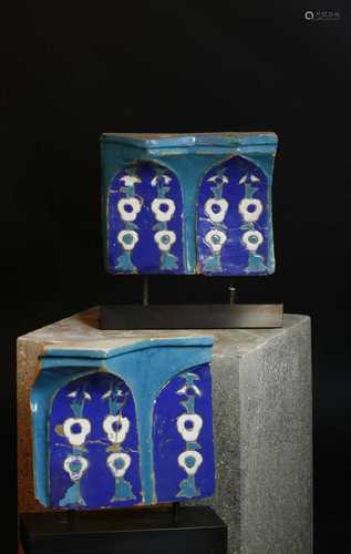 Two rare Timurid pottery squinch tiles (muqarna),