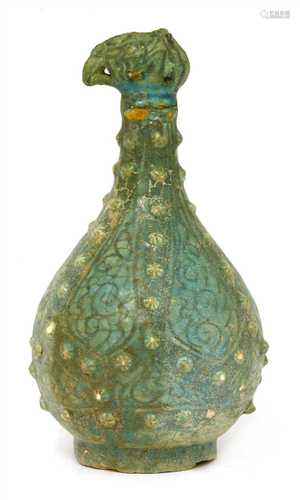 A Kashan pottery cock-headed ewer,