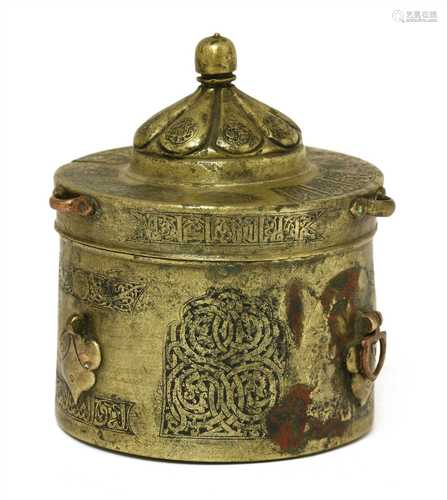 A Persian silver and copper inlaid bronze inkwell,