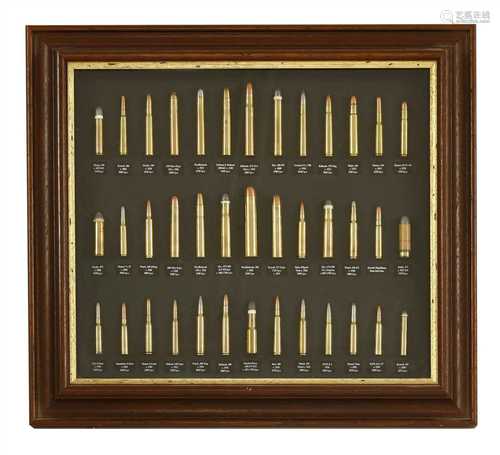 A framed display of big game and military rounds,