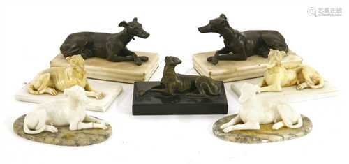 Three pairs of greyhounds on marble or alabaster bases,