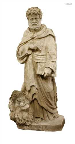 A carved sandstone figure of St Mark,