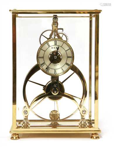 A polished brass skeleton clock,