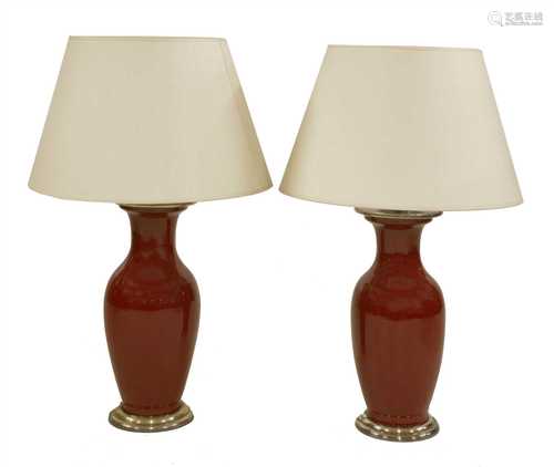 A pair of Chinese sang-de-boeuf style table lamps,