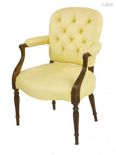 An Hepplewhite-style mahogany and button-upholstered open armchair,