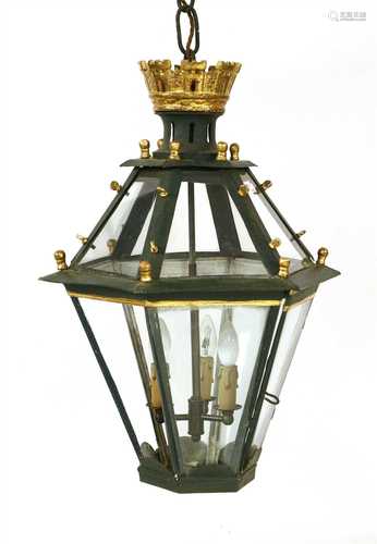 A toleware and glazed hanging lantern,