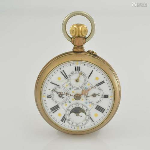 Open face pocket watch with complete calendar