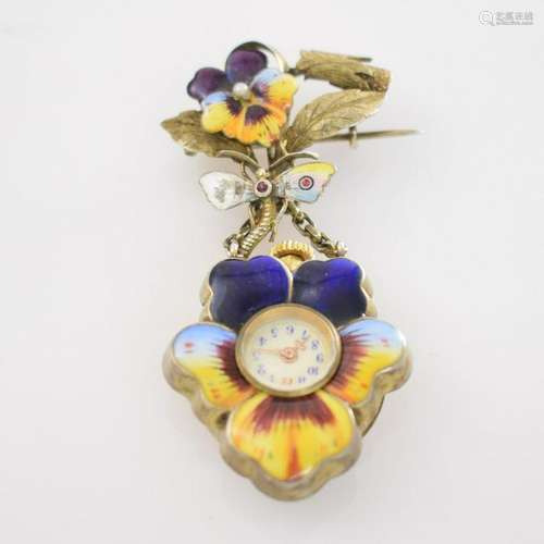 Unusual pendant watch on brooch with lavish enamel-work