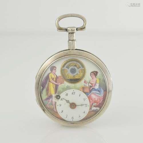 Open face verge watch with enamel painting in silver