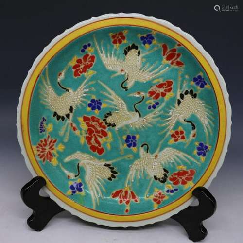 A FAMILLE VERTE CRANE PLATE YONGZHENG MARK 17TH/C.