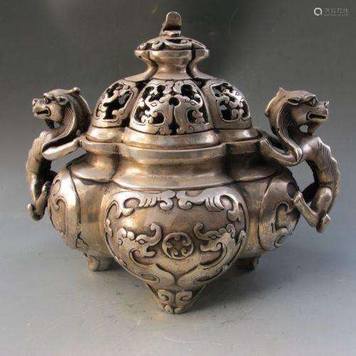 A SLIVER DOUBLE DRAGON CENSER XUANDE MARK 14TH/C.