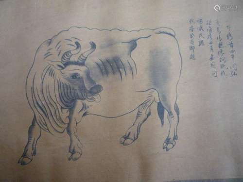 A RARE INK & COLOR BULL PAINTING QING DYNASTY.