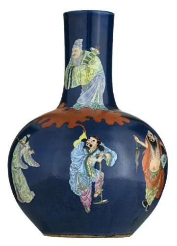 A Chinese blue ground and famille rose bottle vase,
