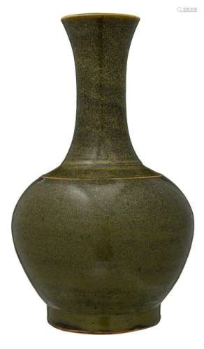 A Chinese bottle vase covered in an olive green teadust