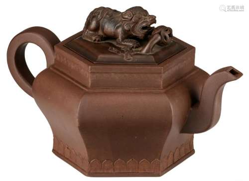 A Yixing hexagonal earthenware teapot, the cover
