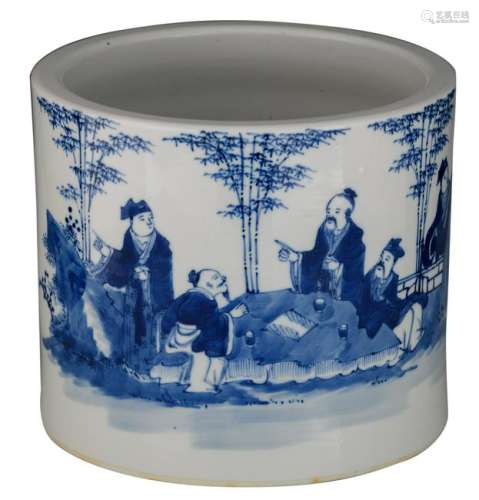 A large Chinese blue and white brush pot, decorated