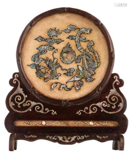 A Chinese marble plaque with mother-of-pearl inlay,