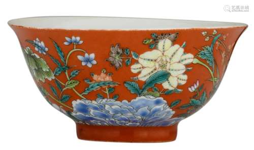 A Chinese coral ground famille rose 'floral' bowl,