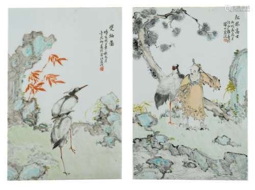 Two Chinese porcelain plaques, decorated with a pair of