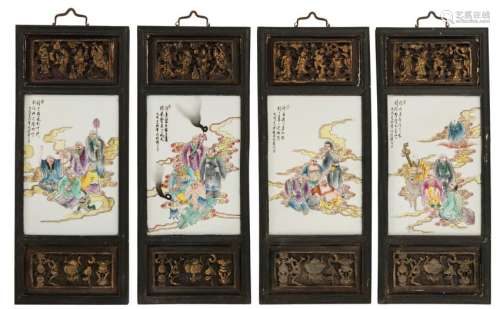 Four Chinese polychrome plaques, decorated with a story