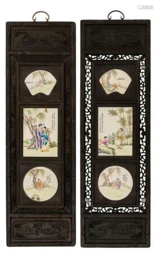 Two Chinese decorative carved hardwood panels, the