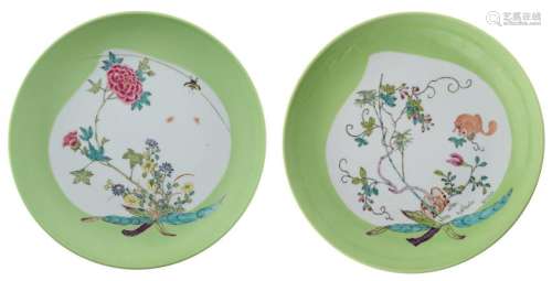 Two Chinese lime green glaze and famille rose chargers,