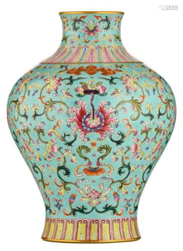 A Chinese turquoise ground famille rose and gilt