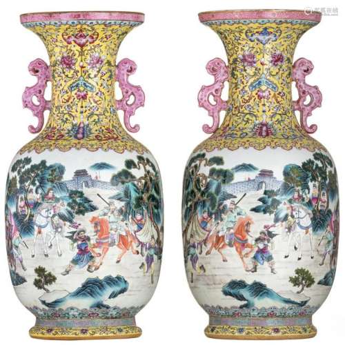 A pair of large Chinese begonia-shaped vases, the neck