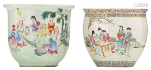 Two Chinese polychrome cachepots, one decorated with a